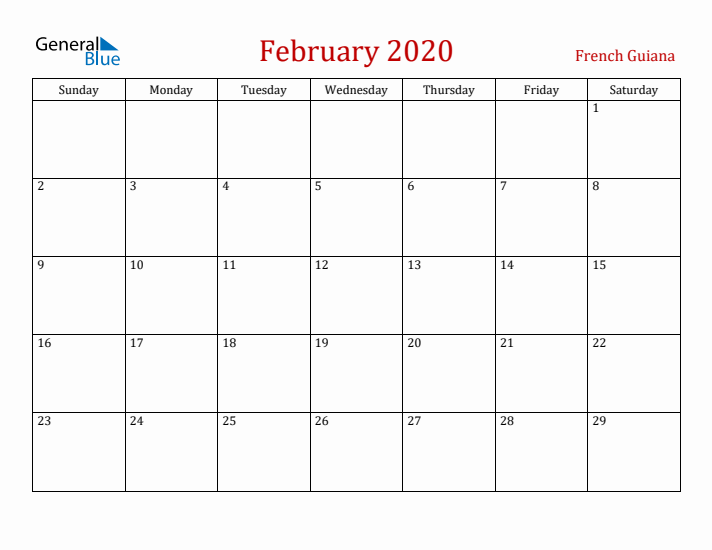 French Guiana February 2020 Calendar - Sunday Start