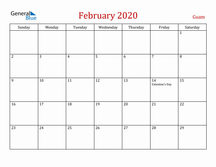 Guam February 2020 Calendar - Sunday Start