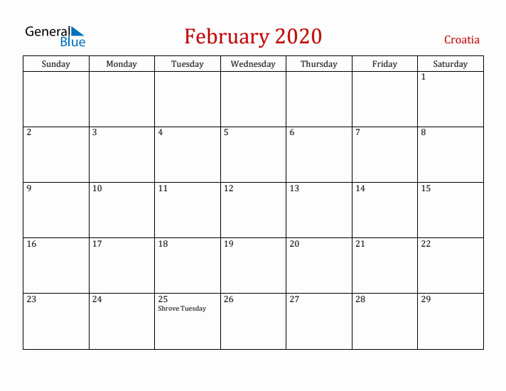 Croatia February 2020 Calendar - Sunday Start