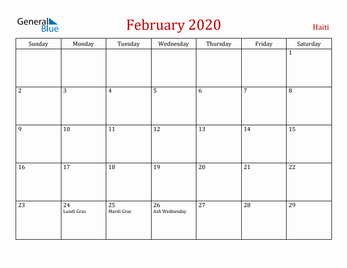 Haiti February 2020 Calendar - Sunday Start