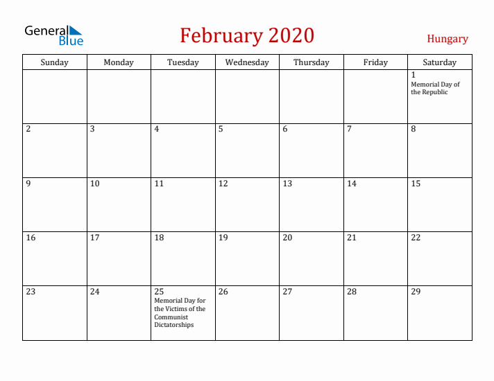Hungary February 2020 Calendar - Sunday Start