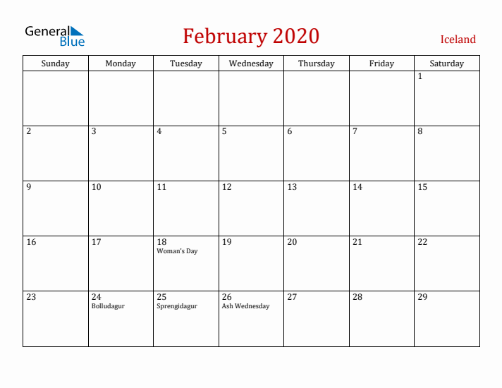 Iceland February 2020 Calendar - Sunday Start