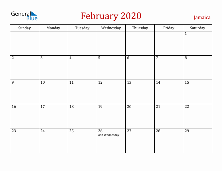 Jamaica February 2020 Calendar - Sunday Start