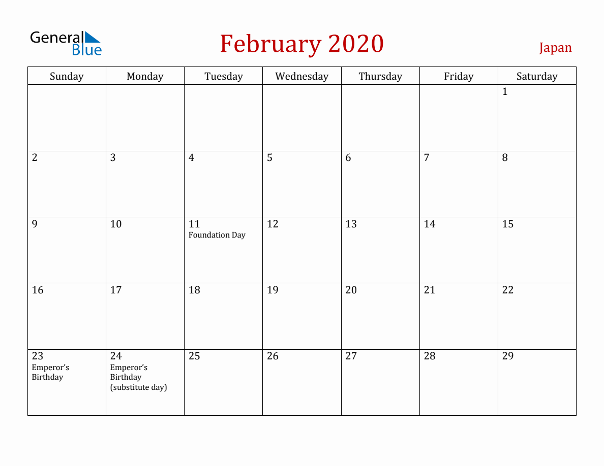 February 2020 Japan Monthly Calendar with Holidays