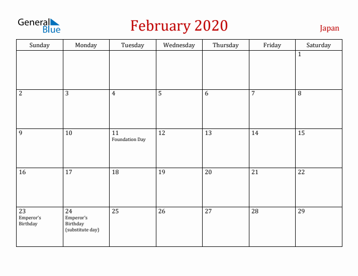 Japan February 2020 Calendar - Sunday Start