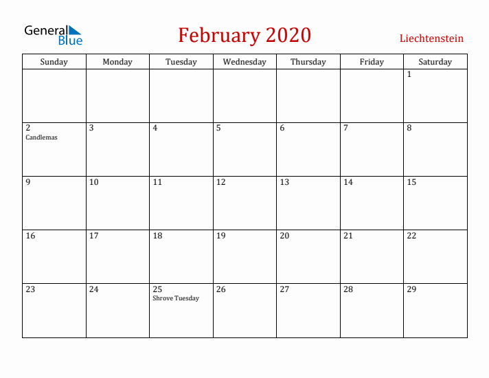 Liechtenstein February 2020 Calendar - Sunday Start