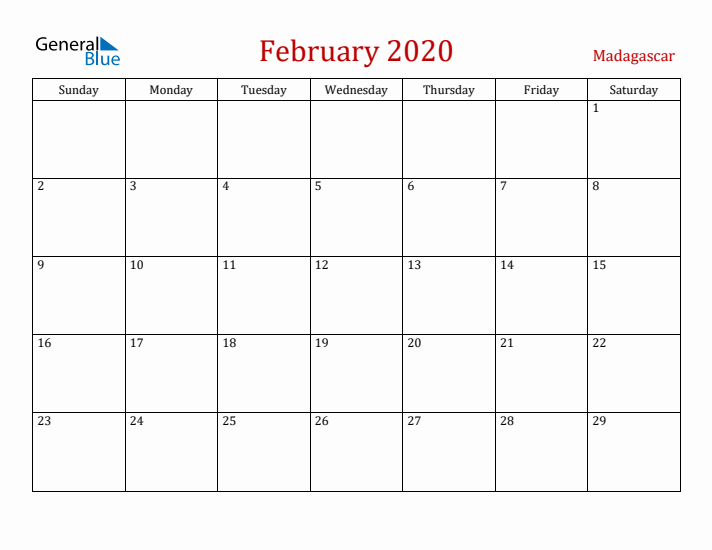 Madagascar February 2020 Calendar - Sunday Start