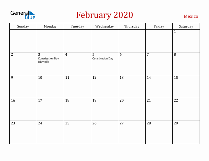 Mexico February 2020 Calendar - Sunday Start
