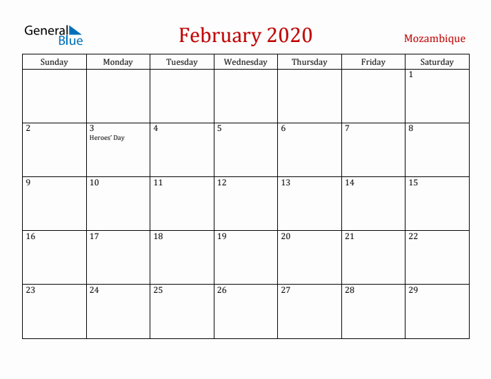 Mozambique February 2020 Calendar - Sunday Start
