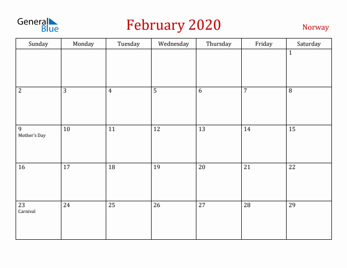 Norway February 2020 Calendar - Sunday Start