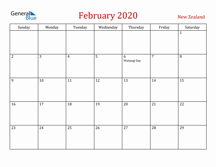 New Zealand February 2020 Calendar - Sunday Start