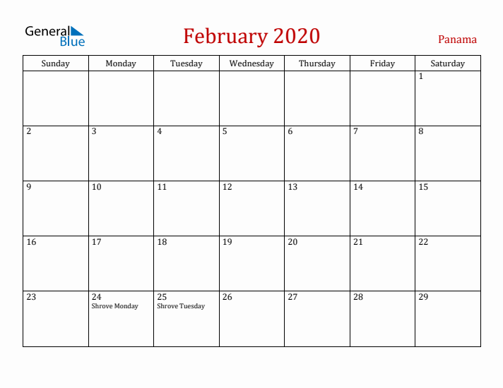Panama February 2020 Calendar - Sunday Start