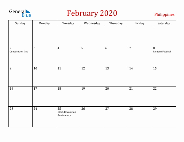 Philippines February 2020 Calendar - Sunday Start