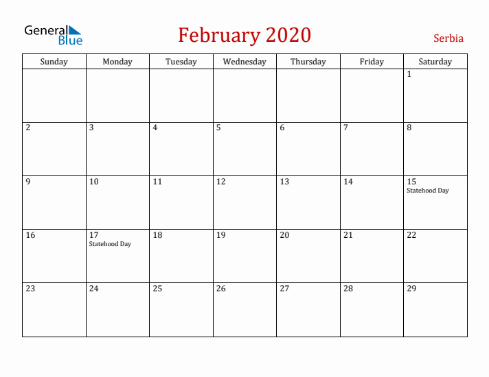 Serbia February 2020 Calendar - Sunday Start