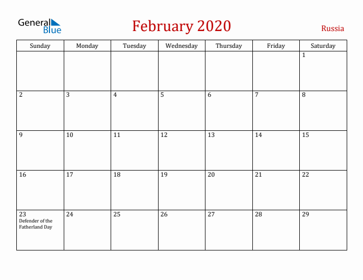 Russia February 2020 Calendar - Sunday Start