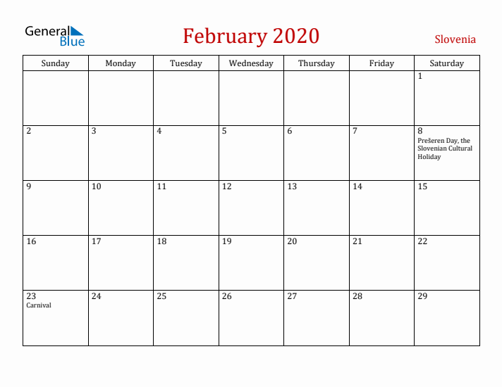 Slovenia February 2020 Calendar - Sunday Start