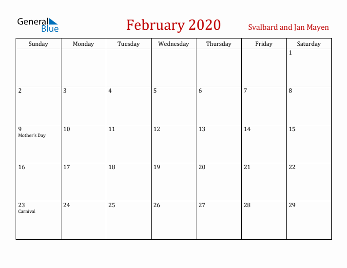 Svalbard and Jan Mayen February 2020 Calendar - Sunday Start