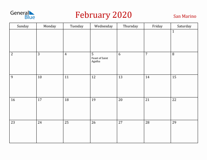 San Marino February 2020 Calendar - Sunday Start