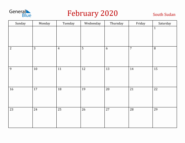 South Sudan February 2020 Calendar - Sunday Start