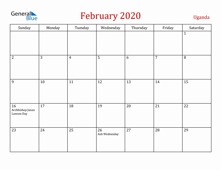 Uganda February 2020 Calendar - Sunday Start