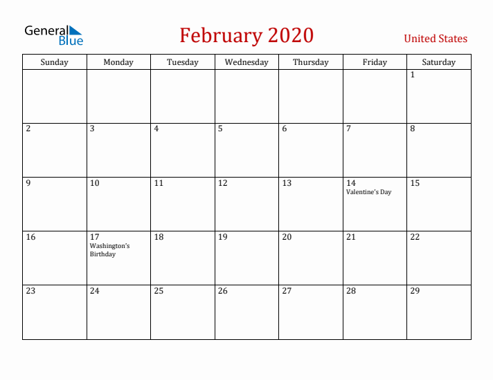 United States February 2020 Calendar - Sunday Start