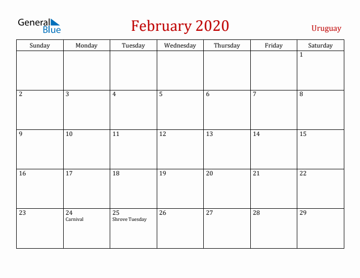 Uruguay February 2020 Calendar - Sunday Start