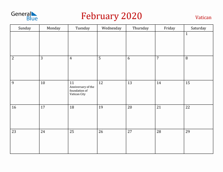 Vatican February 2020 Calendar - Sunday Start