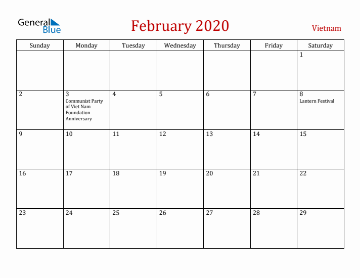 Vietnam February 2020 Calendar - Sunday Start