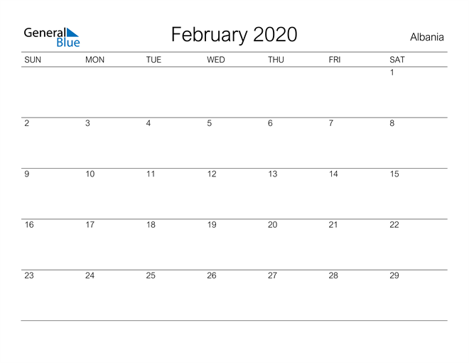 Printable February 2020 Calendar for Albania