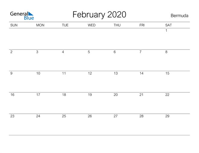 Printable February 2020 Calendar for Bermuda