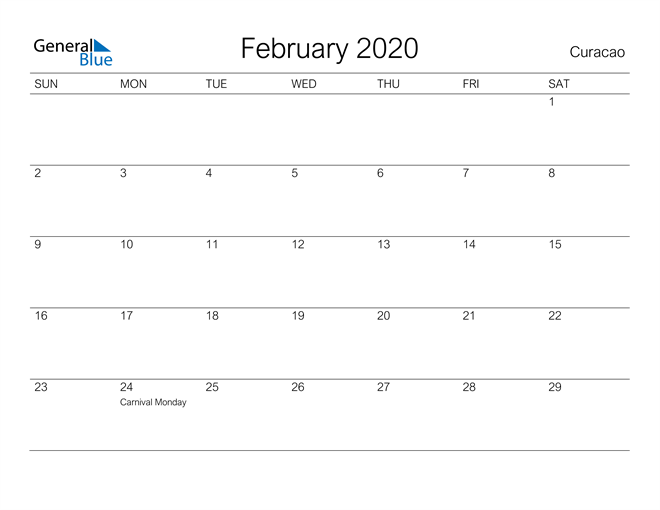 Printable February 2020 Calendar for Curacao