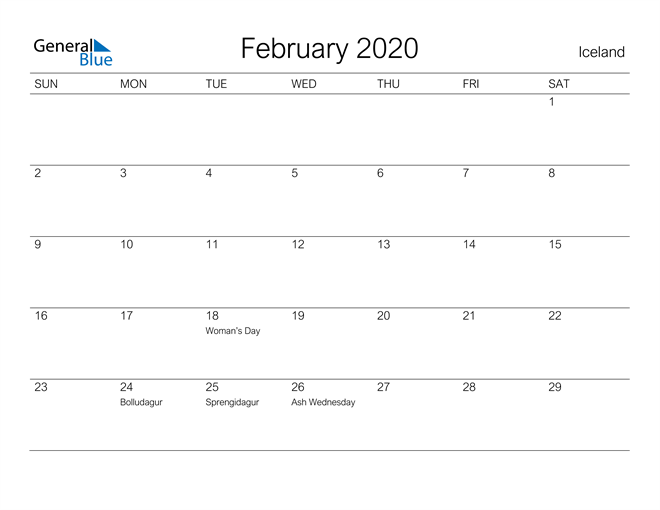 Printable February 2020 Calendar for Iceland