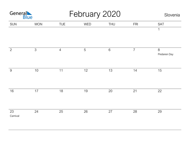 Printable February 2020 Calendar for Slovenia