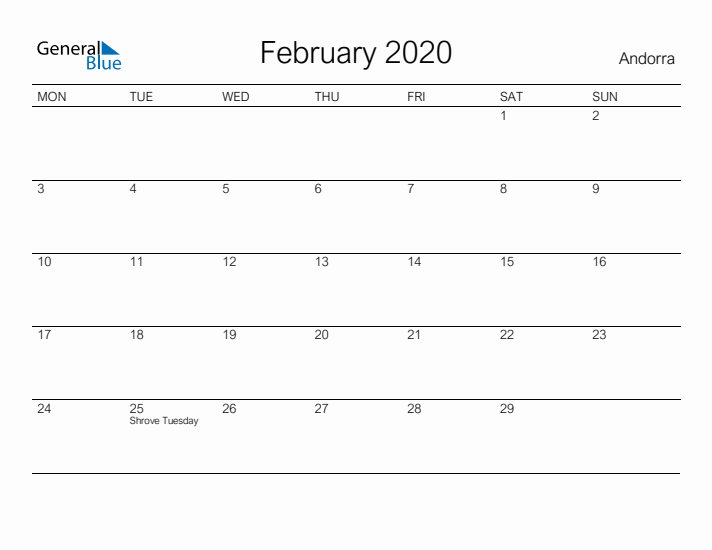 Printable February 2020 Calendar for Andorra