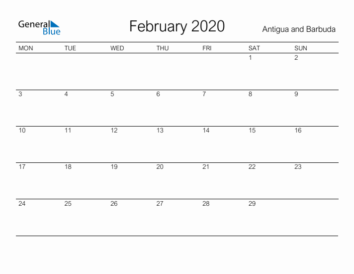 Printable February 2020 Calendar for Antigua and Barbuda