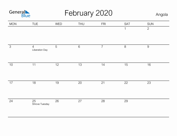 Printable February 2020 Calendar for Angola