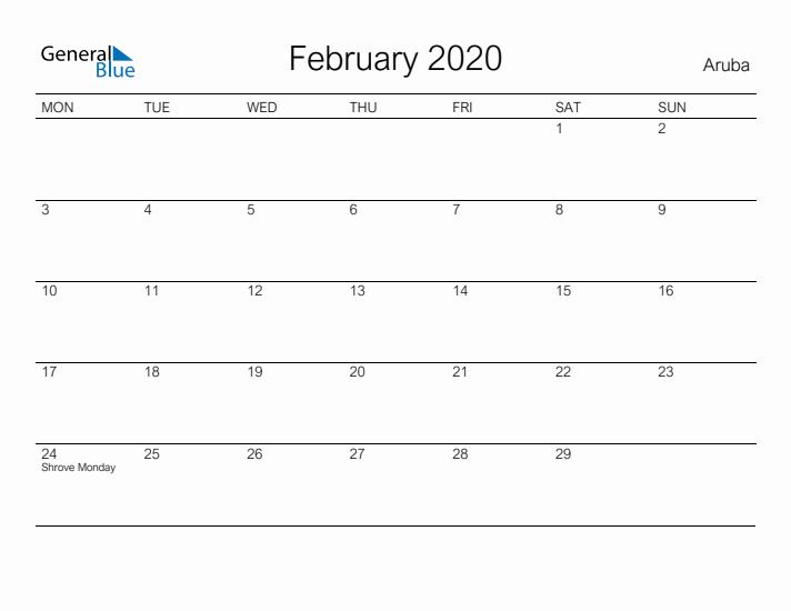 Printable February 2020 Calendar for Aruba