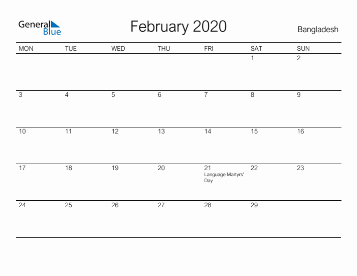 Printable February 2020 Calendar for Bangladesh