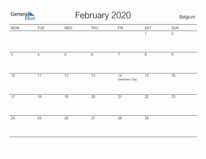 Printable February 2020 Calendar for Belgium