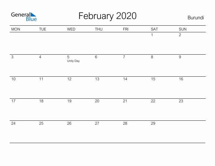 Printable February 2020 Calendar for Burundi
