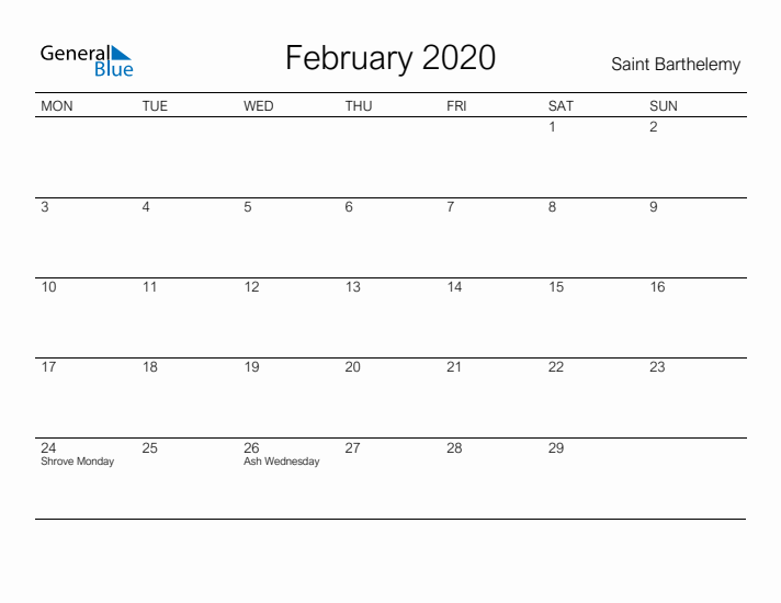 Printable February 2020 Calendar for Saint Barthelemy