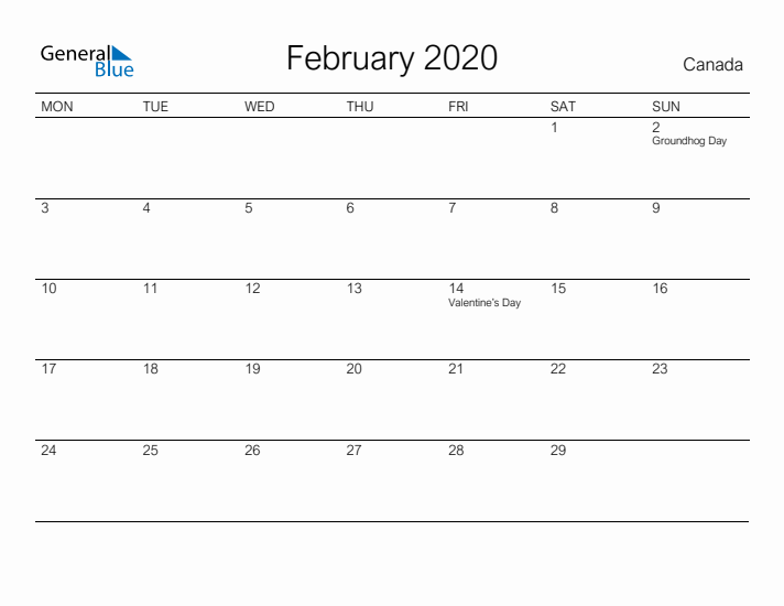 Printable February 2020 Calendar for Canada