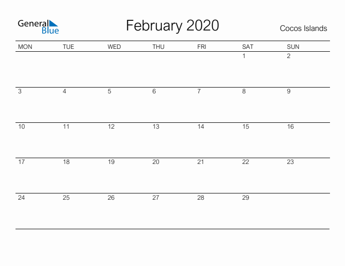 Printable February 2020 Calendar for Cocos Islands