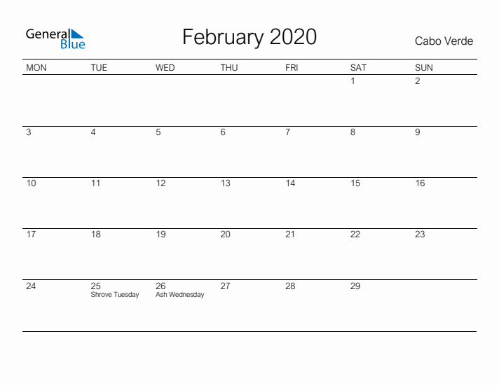 Printable February 2020 Calendar for Cabo Verde