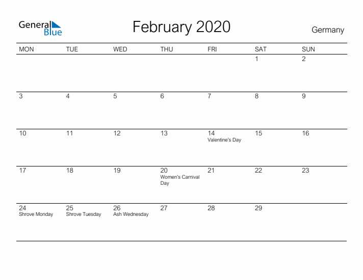 Printable February 2020 Calendar for Germany