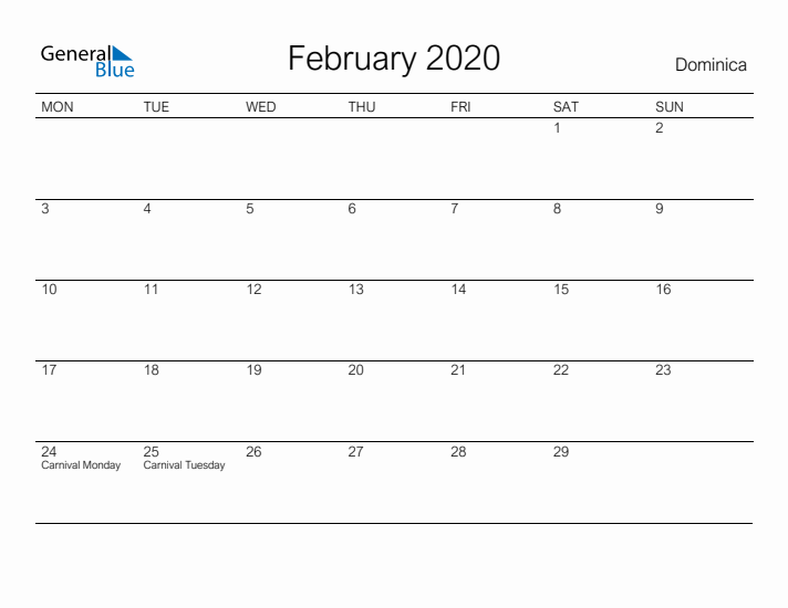 Printable February 2020 Calendar for Dominica