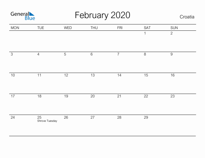 Printable February 2020 Calendar for Croatia