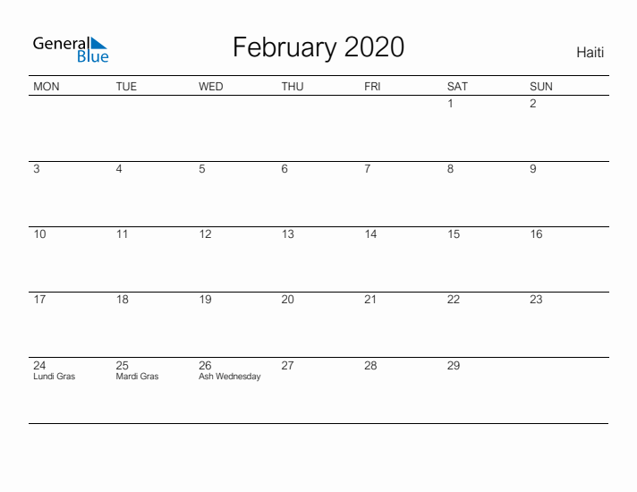 Printable February 2020 Calendar for Haiti