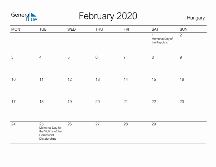 Printable February 2020 Calendar for Hungary