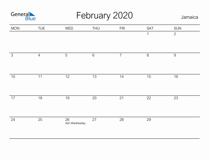 Printable February 2020 Calendar for Jamaica